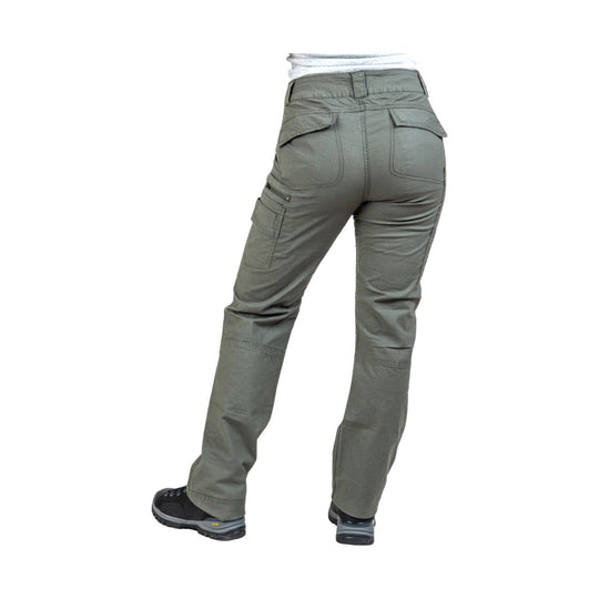 Women’s olive green ripstop cargo pants shown from the back, with flap pockets and articulated knees