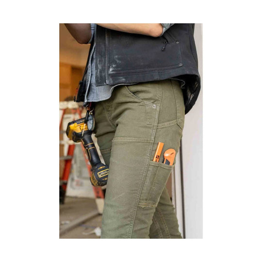 Olive work pants with a cargo pocket, side tool pocket, and a cordless drill clipped at the hip