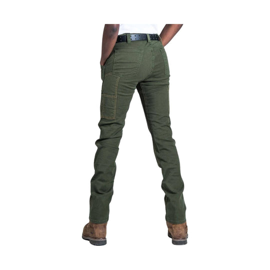 Olive green utility pants shown from the back, with large patch pockets and straight legs