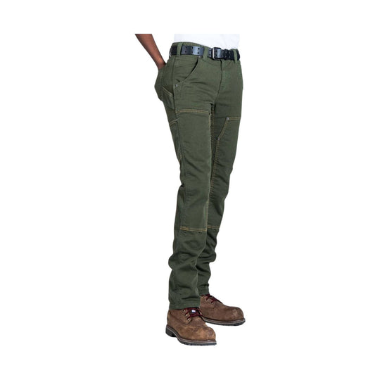 Olive green women’s work pants with cargo pockets and brown lace-up work boots