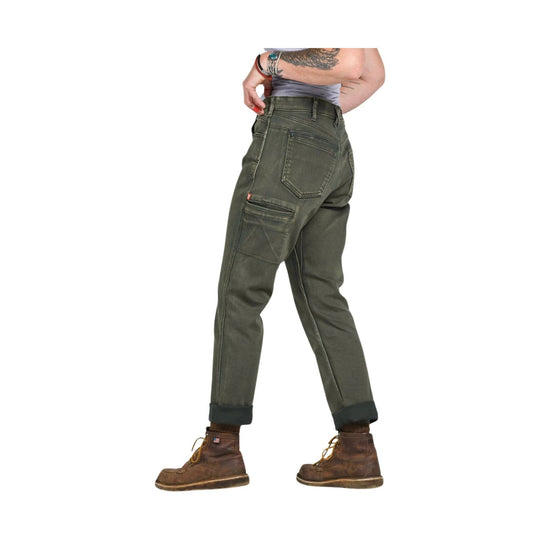 Olive green work pants shown from the back, with rolled cuffs and utility pockets