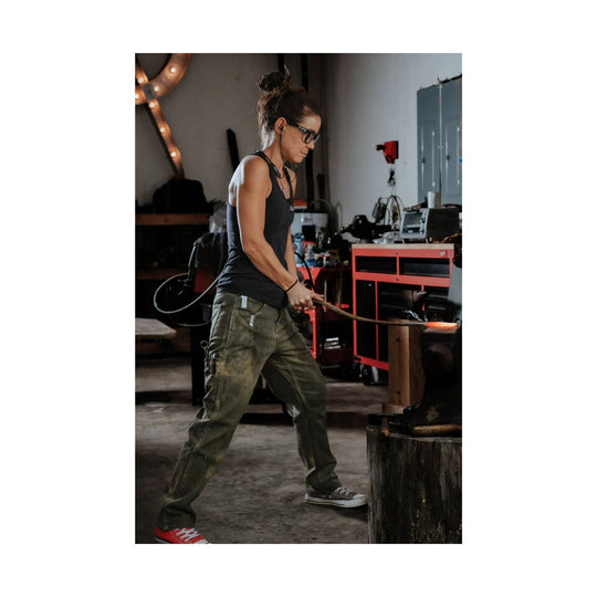 Olive green work pants with a straight leg and utility pockets