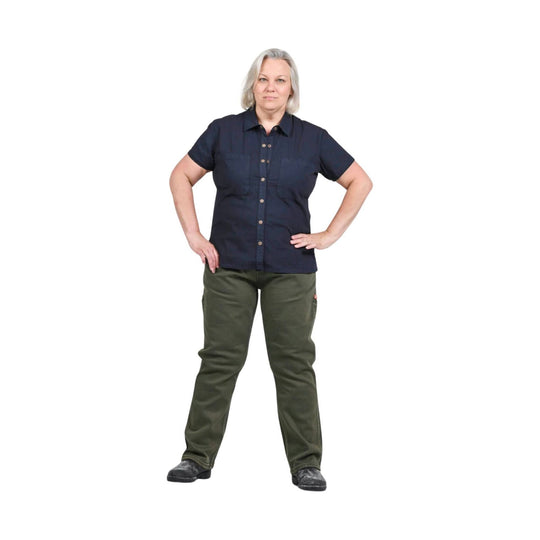 Olive green straight-leg work pants worn by a model in a navy button-up shirt