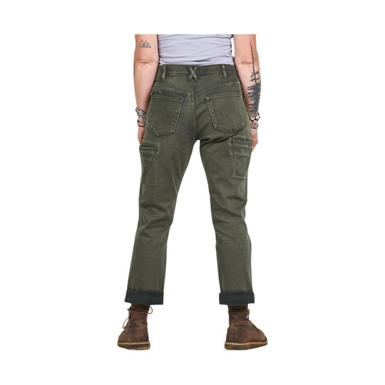 Olive green women’s work pants shown from the back, with cuffed hems, back and cargo pockets, and brown boots