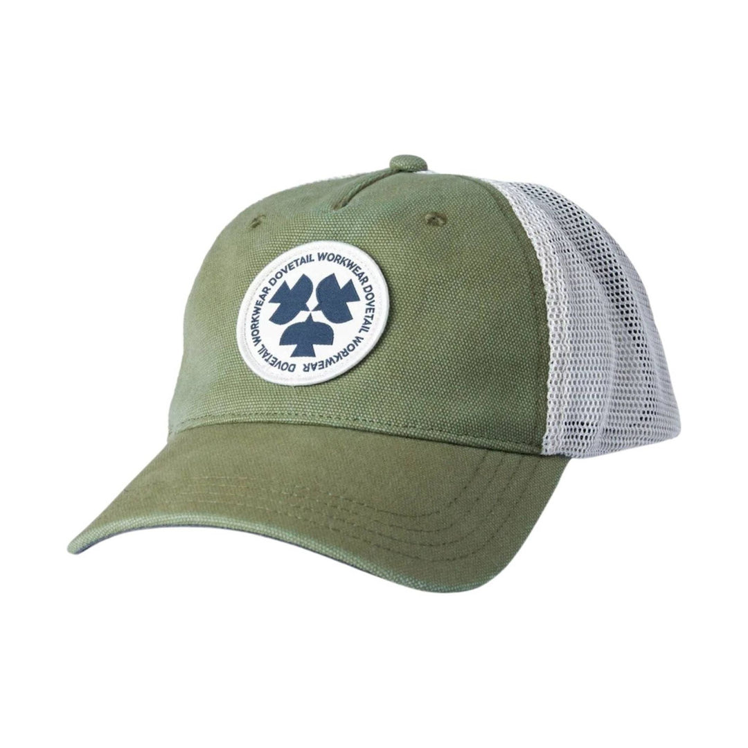 Olive green mesh-back baseball cap with a white front patch logo