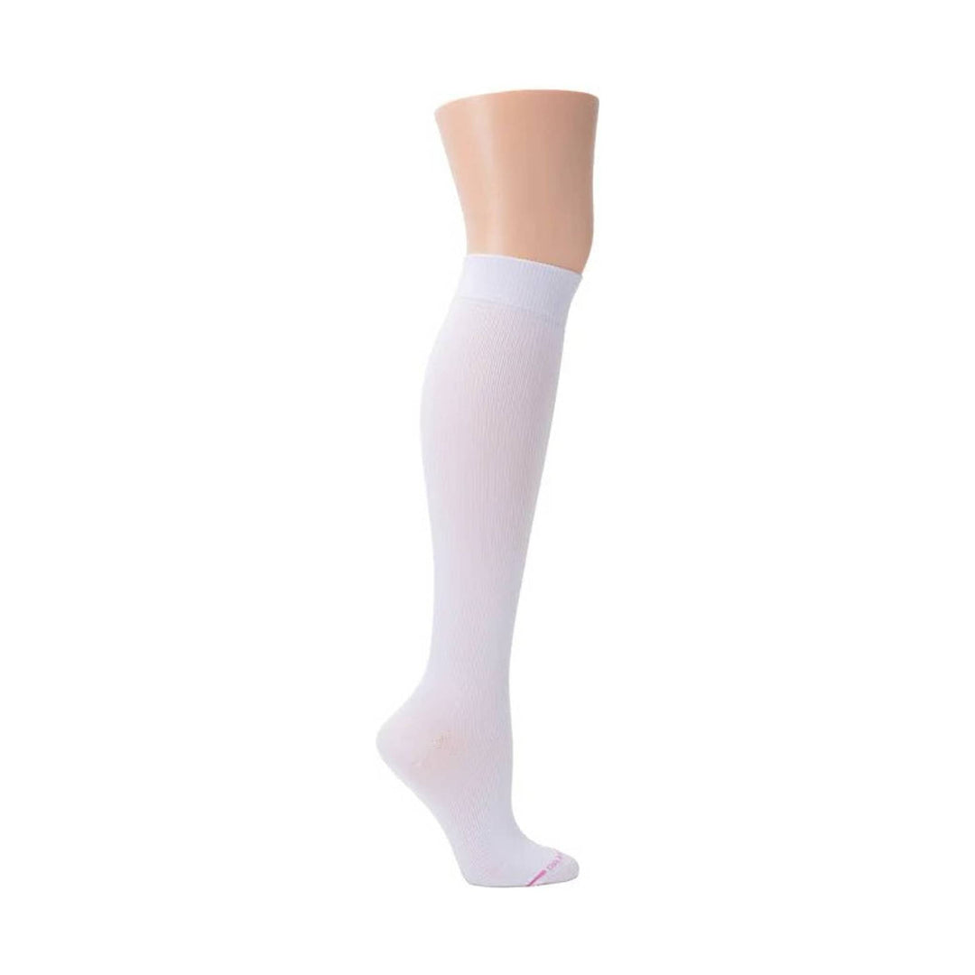 White knee-high compression sock with a sheer knit leg and light pink logo on the toe