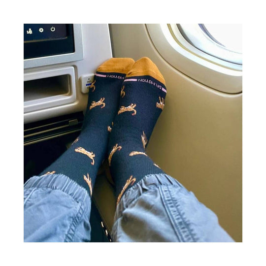 Dark blue ankle socks with tan tops and leopard print, shown on feet by an airplane window