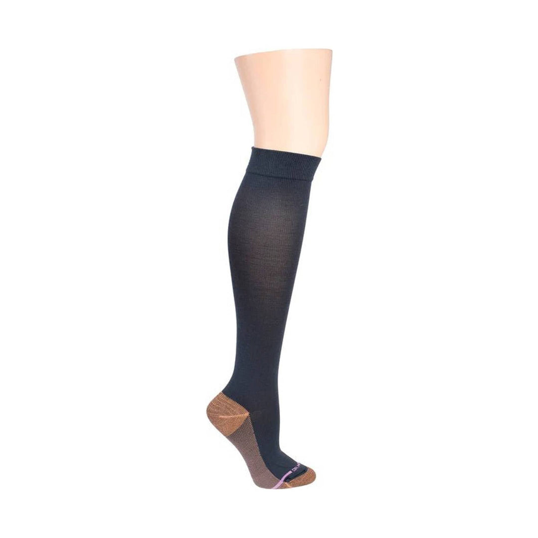 Black knee-high compression sock with sheer mesh foot and tan reinforced heel and toe