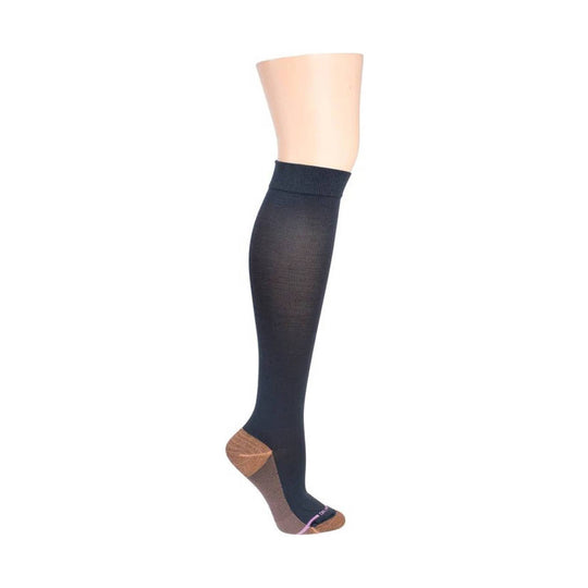 Black knee-high compression sock with sheer mesh foot and tan reinforced heel and toe