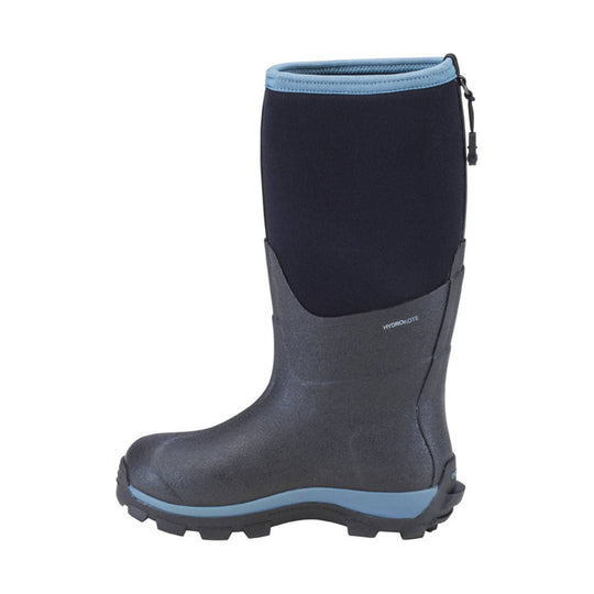 Dark gray mid-calf rain boot with light blue trim, pull zipper, and rugged tread sole