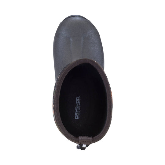 Black waterproof kids' boot shown from above with pull tab at the heel