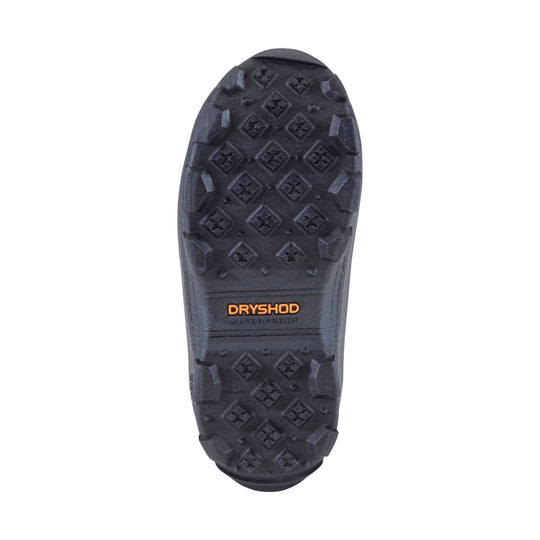 Black boot outsole with aggressive tread and DRYSHOD WATERPROOF text