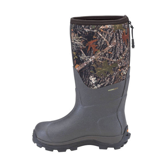 Gray waterproof rubber boot with camouflage shaft and treaded sole