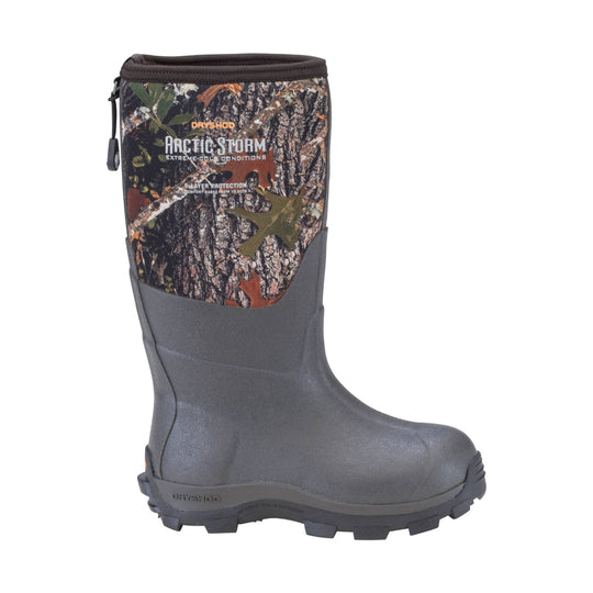 Tall gray kids' insulated rubber boot with camouflage fabric shaft and lug sole