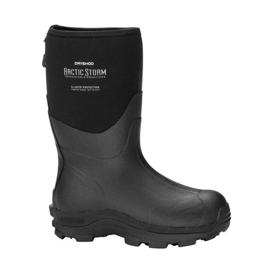 Black knee-high rubber boot with molded tread sole and white technical text on the shaft