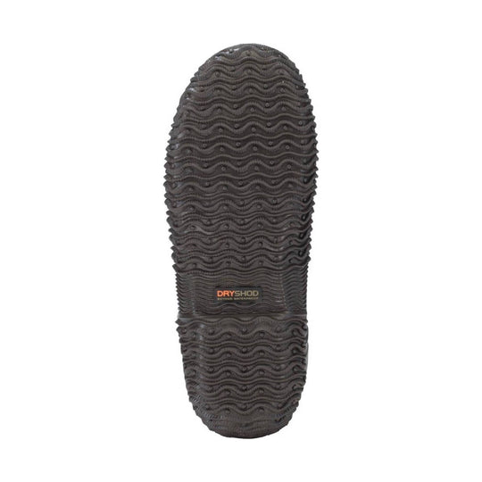 Black rubber boot sole with wavy tread and DRYSHOD logo.