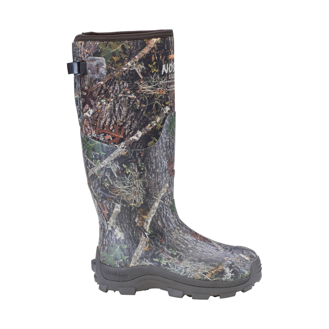 Camo knee-high rain boot with side pull tab and rugged tread