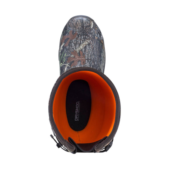 Camouflage rubber hunting boot with a bright orange lining, shown from above