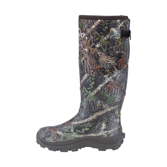 Camouflage knee-high hunting rain boot with black sole and pull tab