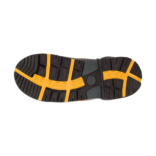 Black and yellow lugged boot outsole shown from below