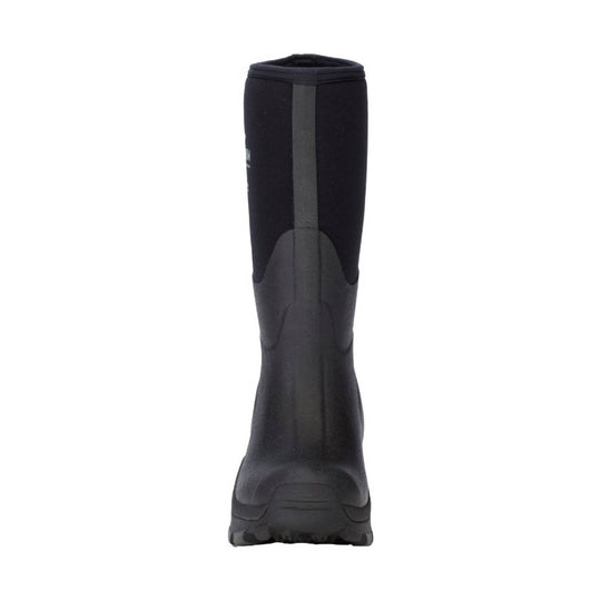 Black tall rubber boot with thick lugged sole, shown from the back