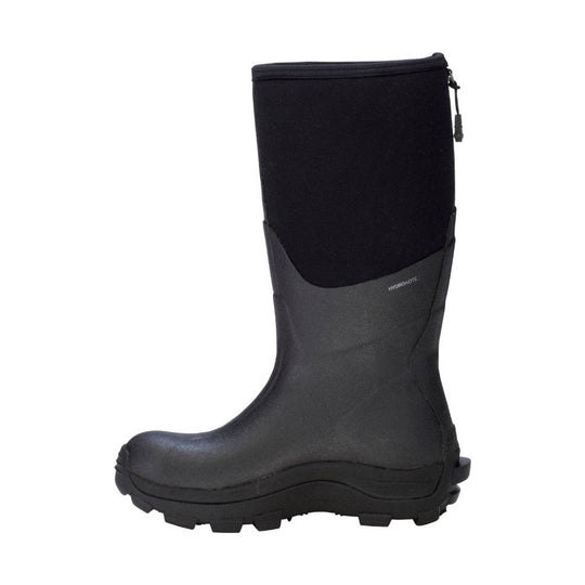 Black waterproof knee-high rubber boot with a zipper pull on the shaft and a rugged treaded sole