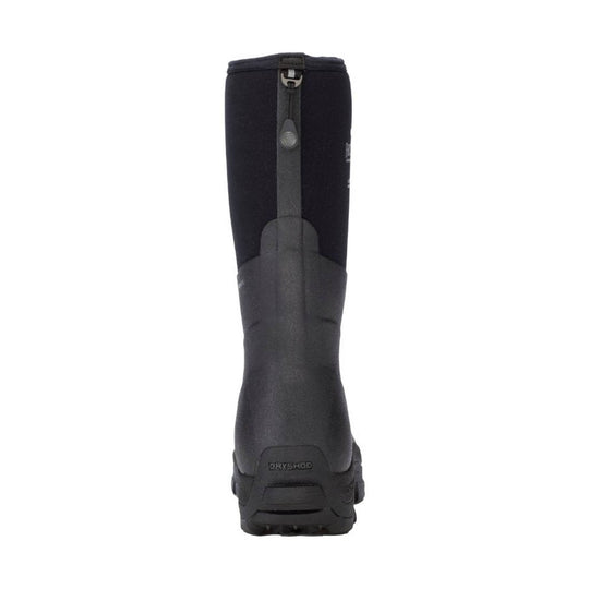 Black tall rubber boot shown from the back with a side zipper and treaded sole