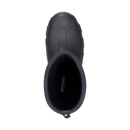 Black tall rubber winter boot viewed from above with a rounded toe and pull tab at the heel