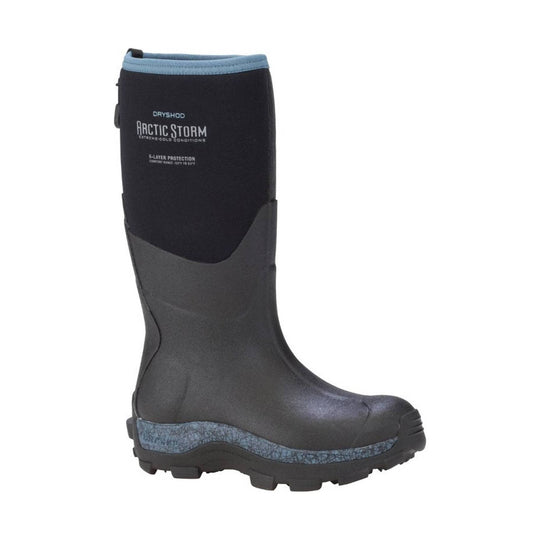 Black knee-high insulated boot with light blue trim, textured lower panel, and lugged sole, side view
