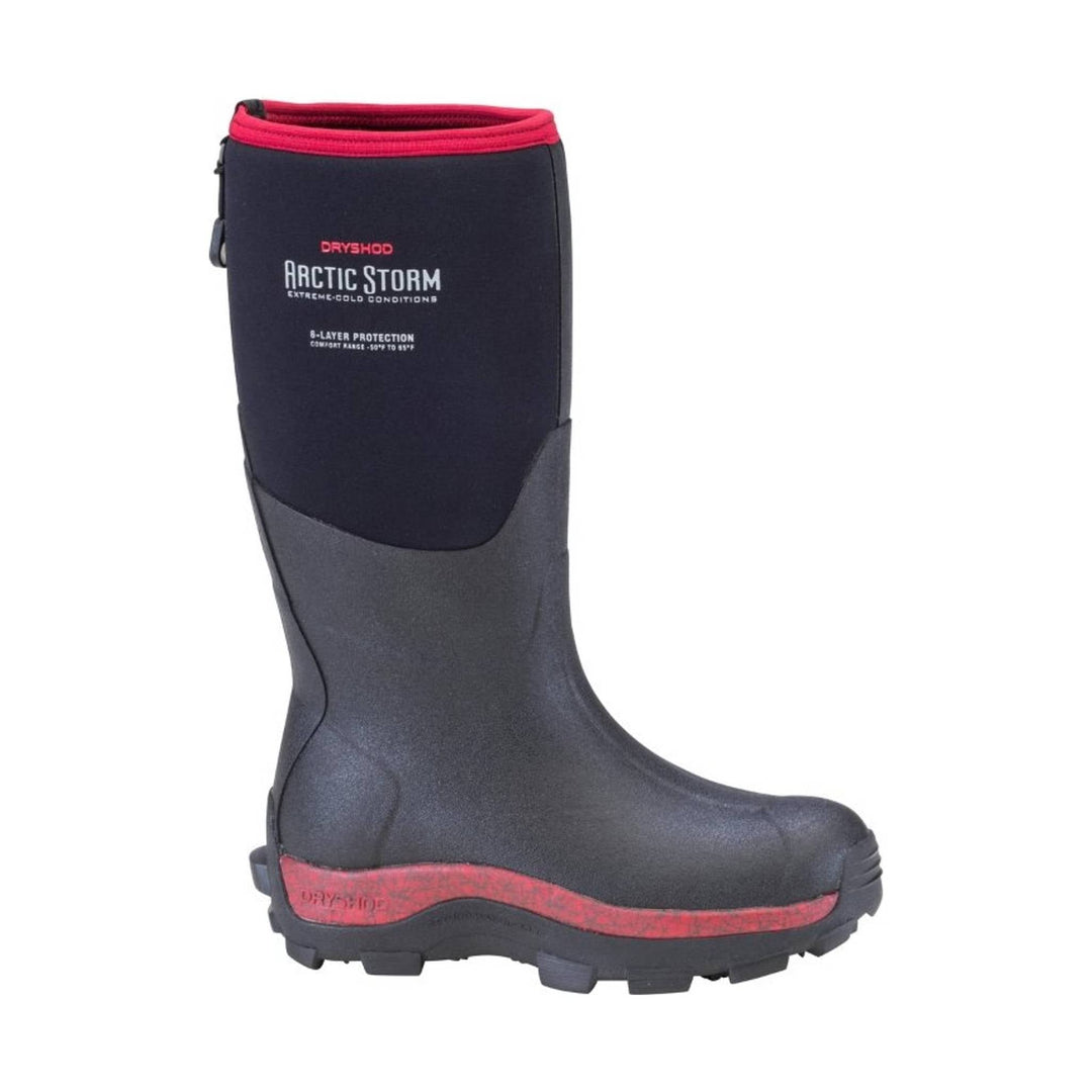 Black knee-high rubber boot with red trim and red sole accent