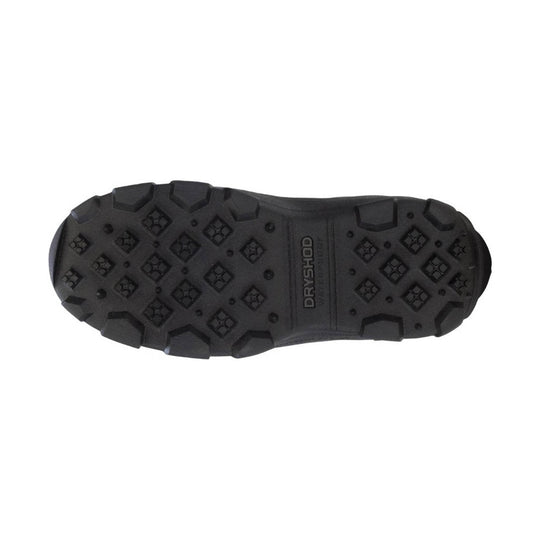 Black boot outsole with rugged tread and DRYSHOD branding