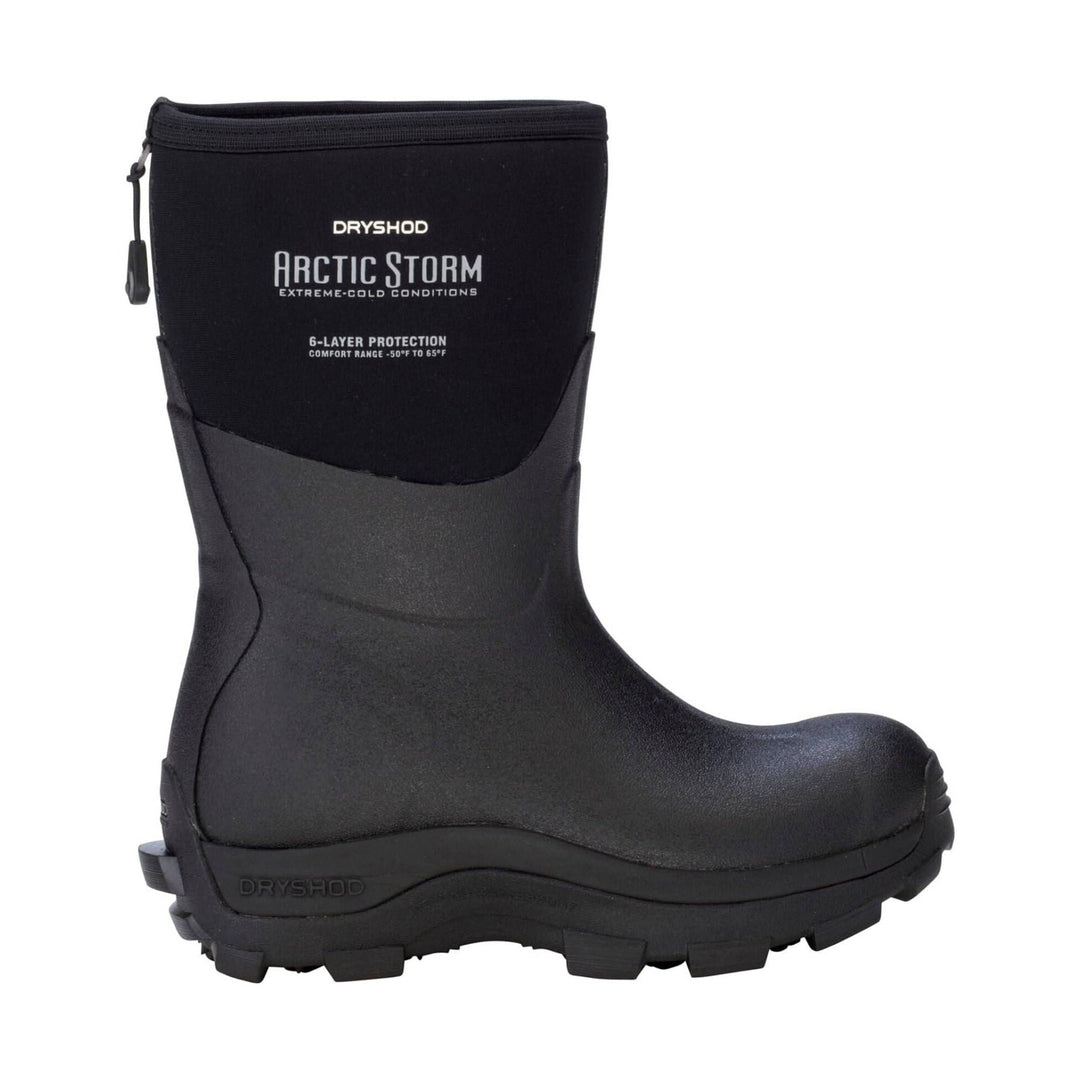 Black mid-height waterproof boot with tall neoprene shaft, pull tab, and rugged lug sole