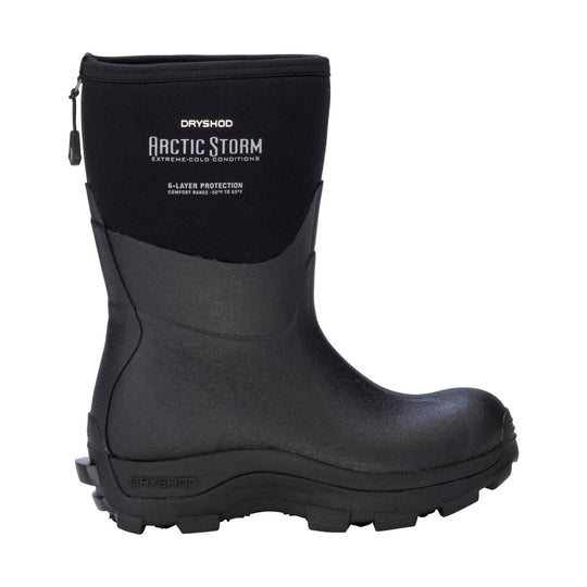 Black mid-height waterproof boot with tall neoprene shaft, pull tab, and rugged lug sole