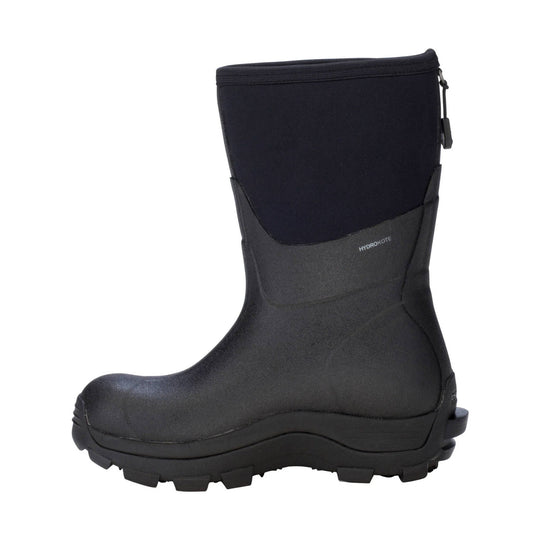 Black mid-calf waterproof boot with thick treaded sole and pull tab