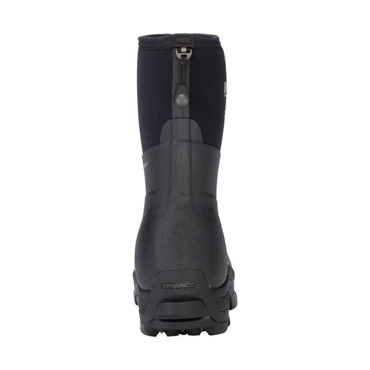 Black tall waterproof boot with zipper front and rugged treaded sole, rear view