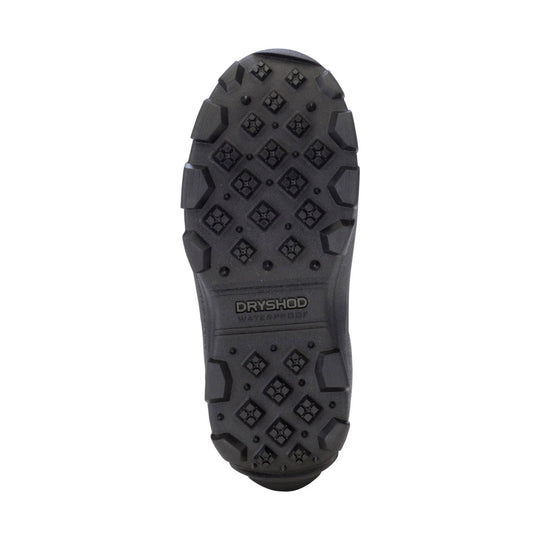 Black boot outsole with deep tread pattern and DRYSHOD branding