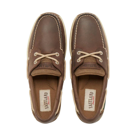 Brown leather boat shoes with tan laces and mesh tongue, top view