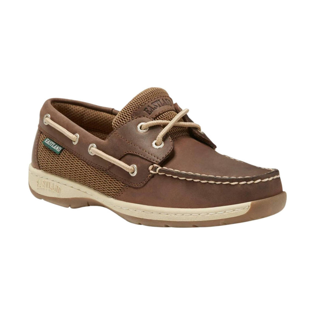 Brown leather boat shoe with mesh panels, cream laces, and a tan sole