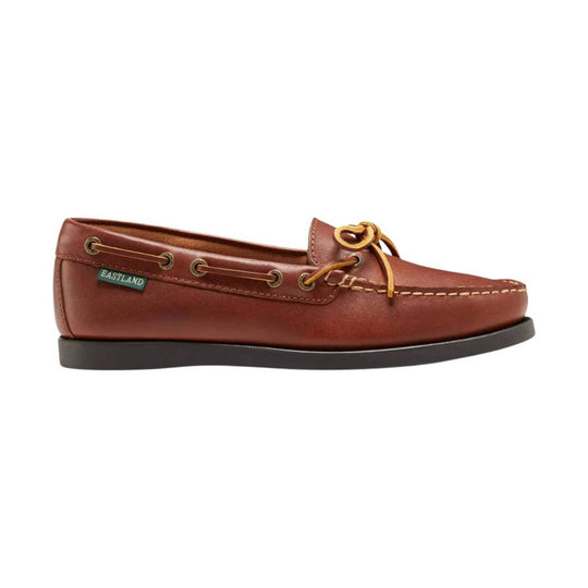 Brown leather moccasin-style loafer with side lacing, stitched toe, and a dark sole