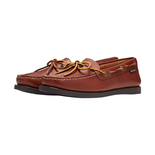 Brown leather boat shoe with moc toe stitching, yellow laces, and a dark sole