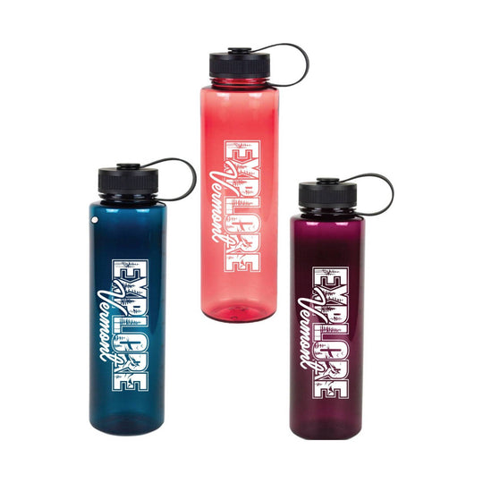 Three translucent water bottles in blue, coral, and plum with black screw caps and carry loops, each printed with EXPLORE Vermont