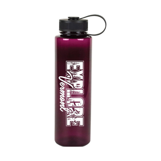Translucent dark purple water bottle with black cap and strap, labeled Explore Vermont.