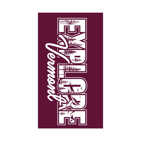 Maroon tall Tritan cup with vertical white graphic text and a stylized forest design