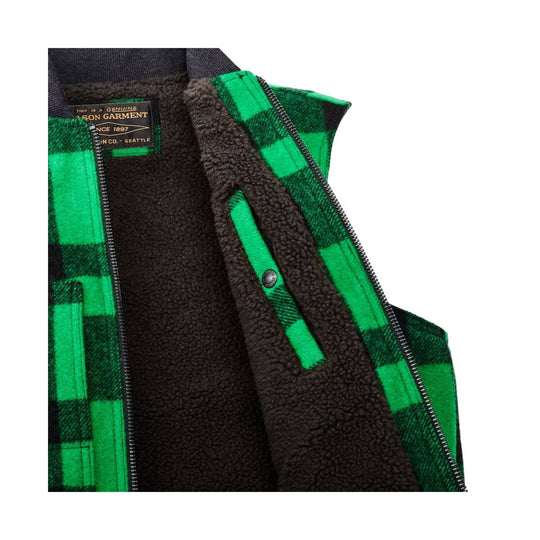 Green and black plaid wool vest with brown fleece lining and front zipper