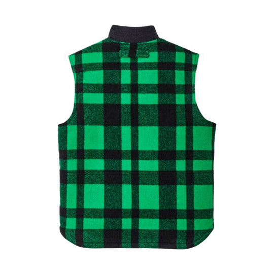Green and black plaid wool vest shown from the back