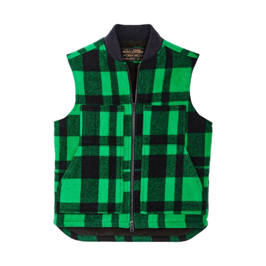 Green and black plaid wool vest with a front zipper, flap pockets, and a standing collar