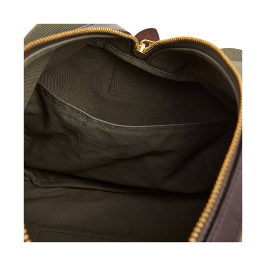 Open olive duffle bag interior with zippered top and inner pockets