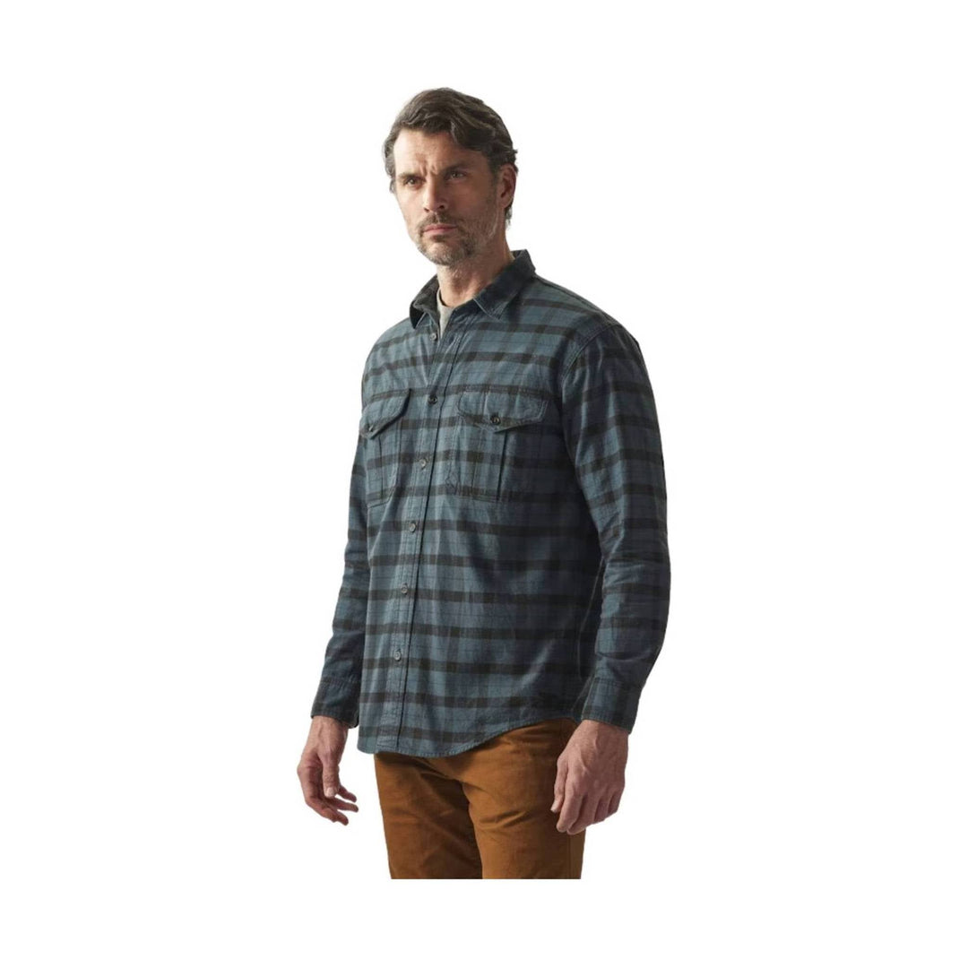Blue and black plaid long-sleeve button-up shirt with chest pockets