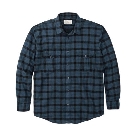 Blue and black plaid long-sleeve button-up shirt with chest flap pockets