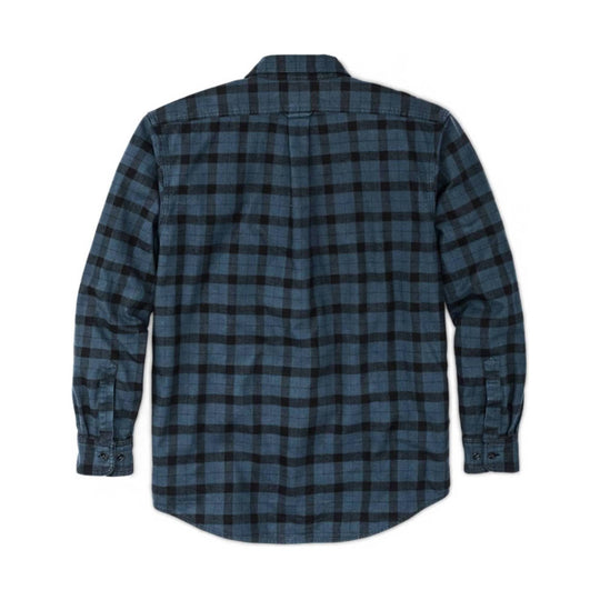 Blue and black plaid long-sleeve button-up shirt shown from the back